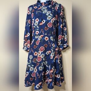 Eliza J Floral Dress 4 size Fit Flare Crepe Long Cuff Sleeve Bow Neck Blue